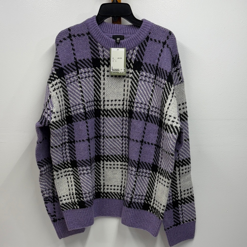 New H&M Lavender Black Plaid chunky knit Crewneck oversized Sweater size Small